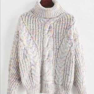 White Knit Turtle Neck Sweater with Colors